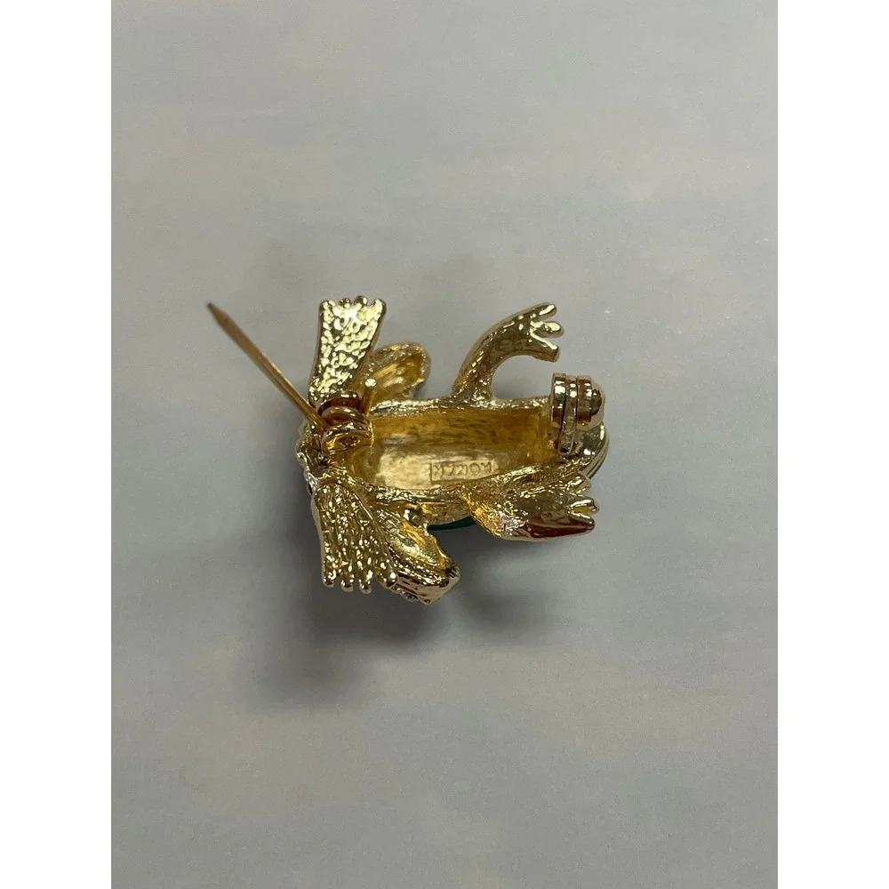 Roman Vintage Green Enamel Frog Brooch Gold Tone Rhinestone Animal Pin